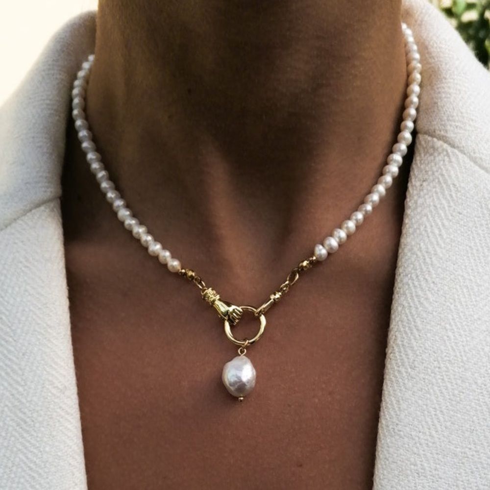 Anthropologie Pearl Beaded Necklace with Gold Ring Pendant